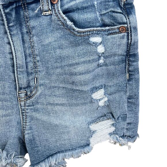 American Eagle SZ 0 Curvy Hi-Rise Shortie Jean Shorts Distressed Stretch Light - Picture 2 of 10